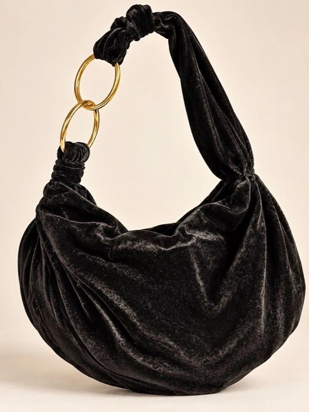 Vintage Black Velvet Hobo Shoulder Bag with Gold-Tone Rings